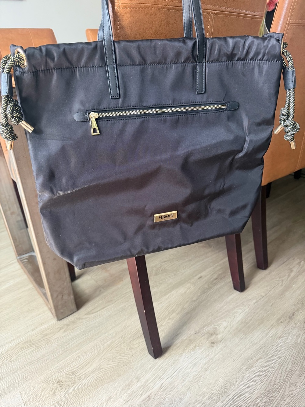 Versace Black Nylon Tote with Gold Hardware and Rope Accents